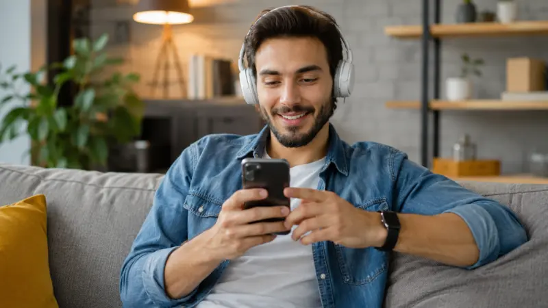 Mann mit Kopfhörern und Smartphone auf einer Couch